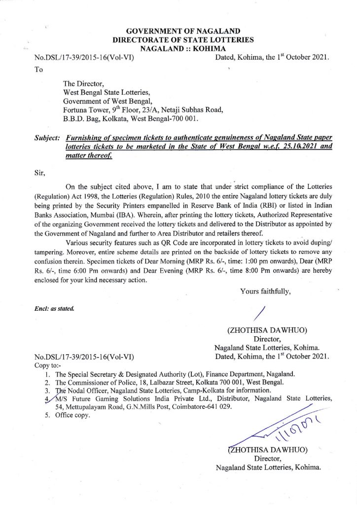 Genuinity Letter of Nagaland State Lotteries: